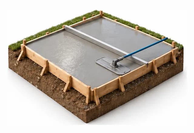 Freshly leveled concrete slab with a screed board and bull float