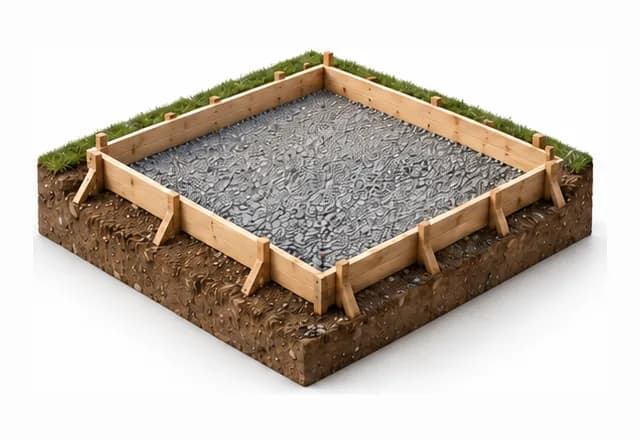 Wooden forms staked around the gravel base to outline the slab