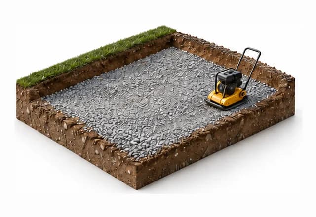 Excavated site with a compacted gravel base and a plate compactor